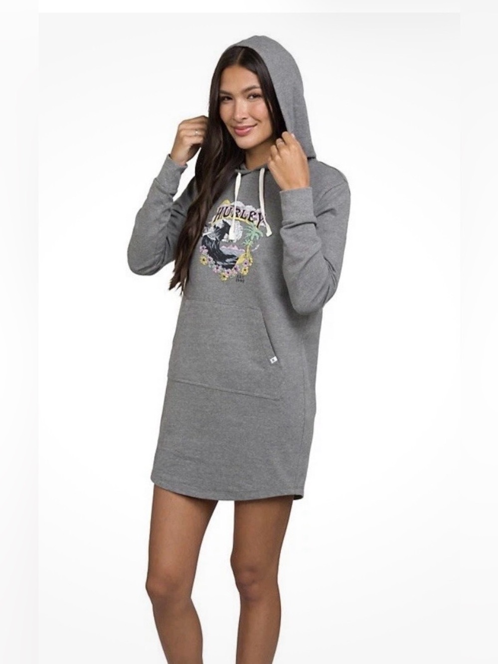 Hurley Gray Hooded Sweatshirt Dress with Floral Graphic Size XL”
